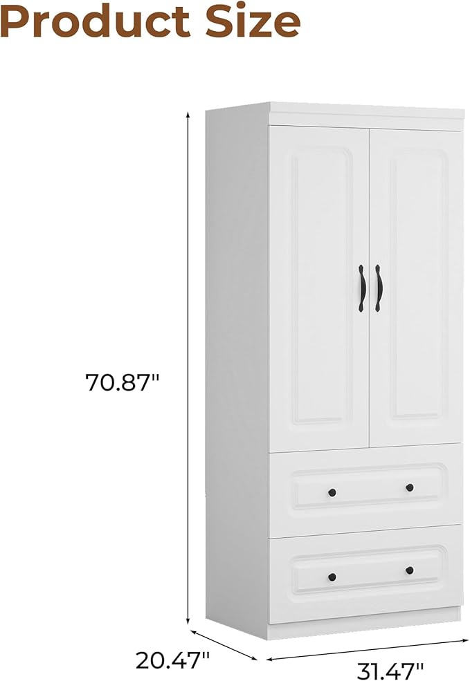 Armoire Wardrobe Closet with 2 Doors, White Cabinet with 2 Drawers and Clothes Storage Organizer, Modern Style with Hanging Rod Shleves Suitable for Bedroom(32" W x 20.5" D x 70.87" H)