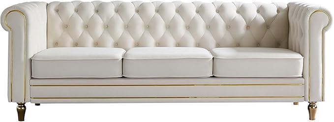 KEIKI 85" Chesterfield Velvet Tufted Button Sofa with Deep Seat Cushions and Rolled Arms, Modern Style 3-Seater Couch Decorated with Gold Strip, Easy Assembly, for Living Room, Bedroom, Office, Beige
