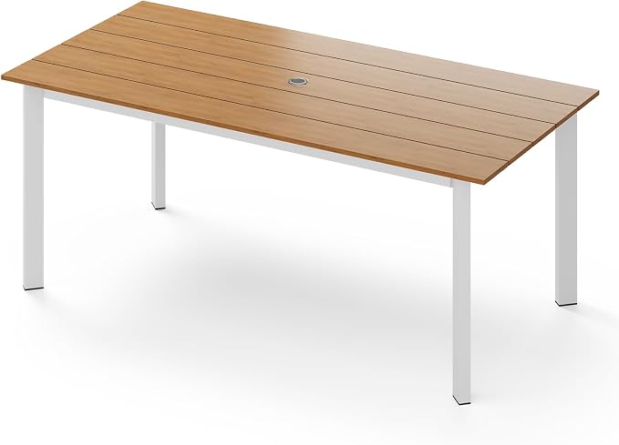 67"*32.3"*29.5" Patio Dining Table, Seamless Rectangle Aluminum + HDPS Outdoor Patio Dining Table with Umbrella Hole, Weather-Resistant for Lawn, Garden, Yard and Indoor Use (White & Teak) by Oasbira