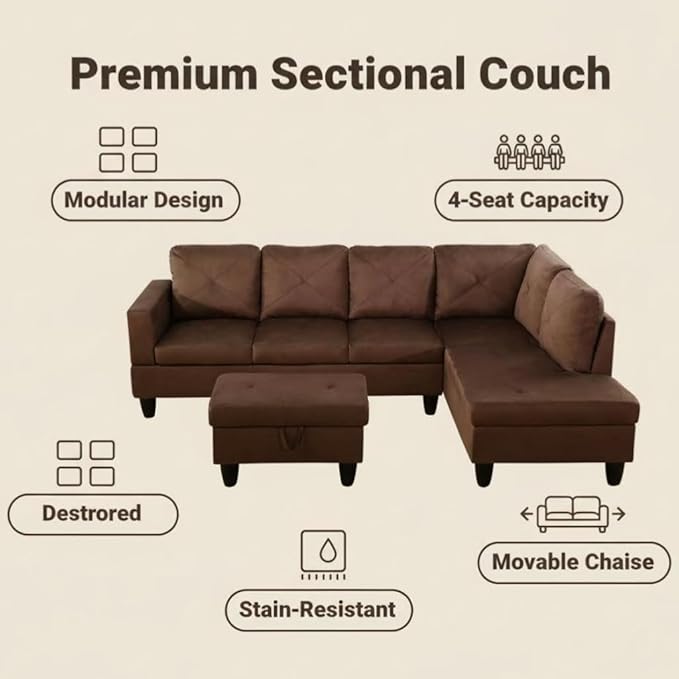 NicBex Modular L-Shaped Sectional Couches, 3-Piece Convertible Couch with Storage Ottoman, 4-Seat Comfy Sofa with Chaise for Living Room & Apartment, Brown