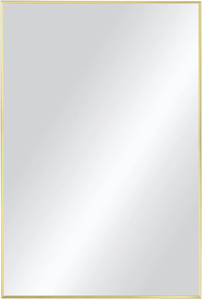 KIBI 24" x 36" Shatterproof Wall Mount Metal Frame Mirror – Horizontal or Vertical Hanging, Modern Rectangular Vanity Mirror for Bathroom, Entryway, or Living Room (Brushed Gold, FM1-2436BG) by KIBI