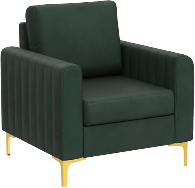 HULALA HOME Velvet Accent Club Chairs Set of 2, Modern Velvet Armchair Upholstered Accent Club Chairs Sofa Chairs with Gold Metal Legs Mid-Century Barrel Leisure Comfy Reading Armchair, Green