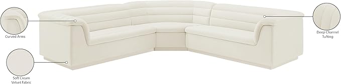 Meridian Furniture 194Cream-Sectional Cascade Collection Modern | Contemporary Modular Sectional with Soft Cream Velvet Fabric, Deep Channel Tufting, Curved Arms, 148" W x 80" D x 28" H, Cream