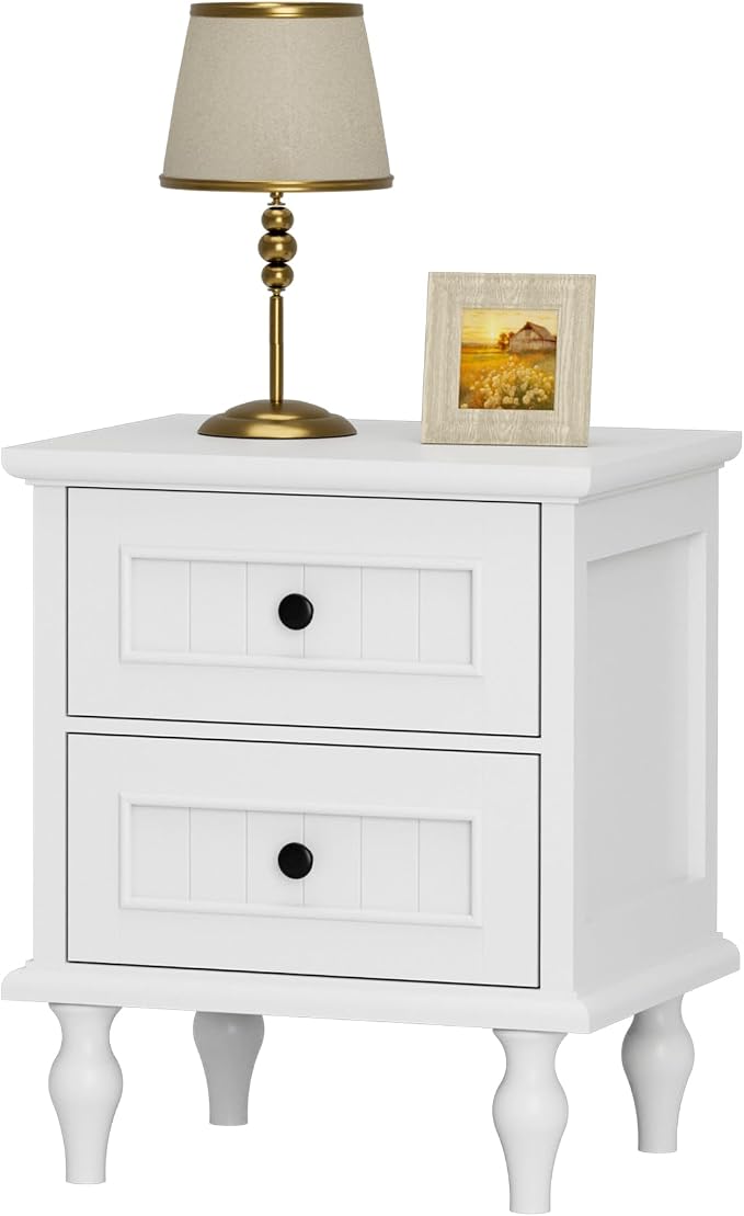 Scurrty Vintage Nightstand, Antique Style End Table with 2 Drawers, Taller Nightstand for Bedroom, Side Table for Bedroom (White, Single) by Scurrty