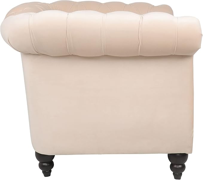 LEVNARY Velvet Chesterfield Chair, Mid-Century Modern Single Sofa Chair with Button Tufted Backrest and Nailhead Decor, Tufted Upholstered Rolled Armchair for Home Bedroom Reading Room (Beige)