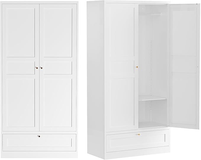 Steel Metal Wardrobe Armoire Closet with Drawer Clothing Locker Storage Cabinet 2 Door Closet Cabinet with Hanging Rod for Home Office Bedroom 72" X 36" X 18" White