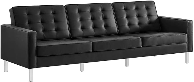 Modway EEI-3385-SLV-BLK Loft Tufted Button Faux Leather Upholstered Sofa in Silver Black
