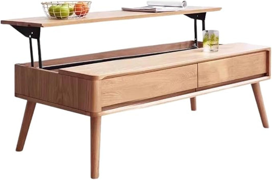 Lift Top Coffee Table, 100% Solid Oak Wood Log Color Coffee Table with Drawers and Hidden Compartments, Rectangular Coffee Tables with Storage for Living Room Home Decor (49.27" L)