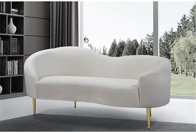 Meridian Furniture Ritz Collection Modern | Contemporary Velvet Upholstered Loveseat with Sturdy Metal Legs in Rich Gold Finish, Cream, 67" W x 31.75" D x 30.5" H