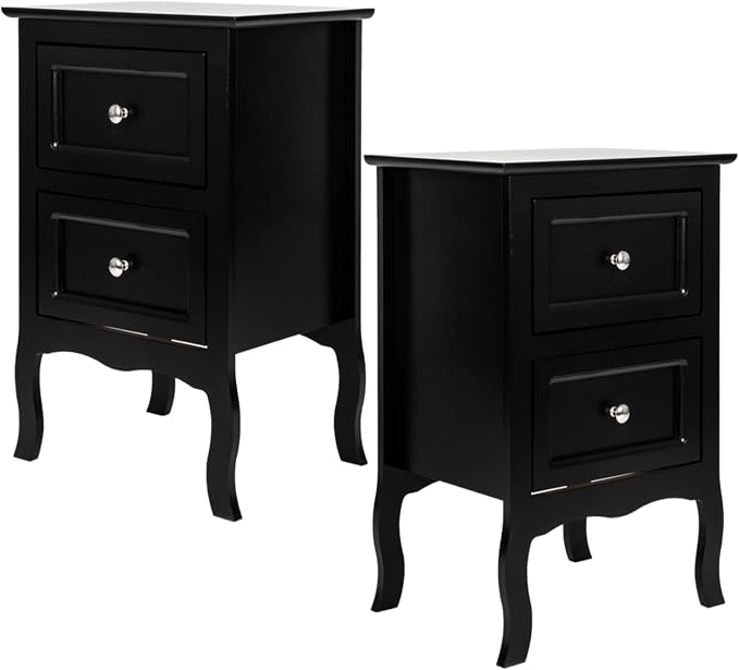 Karl home Black Nightstand Set of 2 for Bedroom, Vintage Small Night Stand with Drawers, Farmhouse Side Table, Wooden End Tables with Curved Legs for Office, Mid-Century by Karlhome