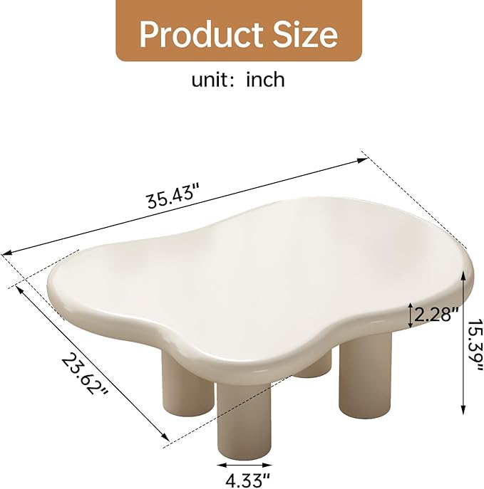 Guyii 35.43" Cloud Coffee Table, Cream White Coffee Table for Living Room, Cartoon Irregular Indoor Tea Table, Modern End Table with 4 Legs