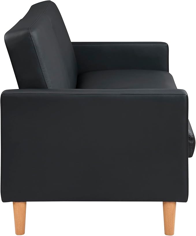 Lexicon 79"W Convertible Futon Sofa Bed, Loveseat, Faux Leather Upholstered Couch Sleeper, Adjustable Backrests, Padded Pocket Coil, Solid Wood Legs for Living Room, Bedroom, Apartment, Office, Black