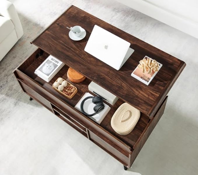 OKD Lift Top Coffee Table w/Sliding Slatted Door, 48" Mid Century Modern Wood Center Table w/Hidden Storage Compartment & Adjustable Shelf, Lift Tabletop Dining Table for Living Room (Dark Walnut)