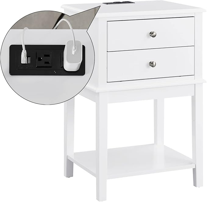 conifferism White Nightstand with Charging Station 28 inches Tall for Bedroom, Sofa Side Table with 2 Drawers,Large End Table with USB Ports,Modern Bedside Table for Home Living Room by conifferism