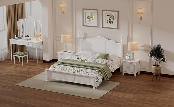 Harper & Bright Designs 3-Piece Queen Bedroom Set, Retro Style Wooden Bedroom Furniture Set with Queen Size Bed Frame and Two Nightstands for Kids Teens Adults Bedroom, White