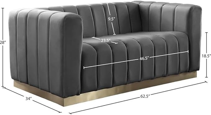 Meridian Furniture 603Grey-L Marlon Collection Modern | Contemporary Velvet Upholstered Loveseat with Deep Channel Tufting, Stainless Steel Base in a Brushed Gold Finish, Grey, 62.5" W x 34" D x 28" H