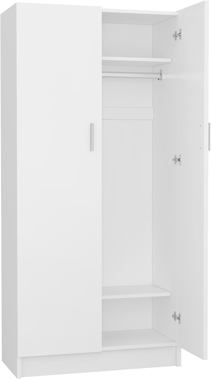 Panana 2 Door Wardrobe Closet Bedroom Armoires with 2 Shelves Storage, Hanging Rail for Bedroom (White)