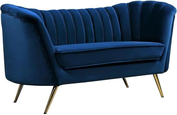 Meridian Furniture Margo Collection Modern | Contemporary Velvet Upholstered Loveseat with Deep Channel Tufting and Rich Gold Stainless Steel Legs, Navy, 65" W x 30" D x 33" H