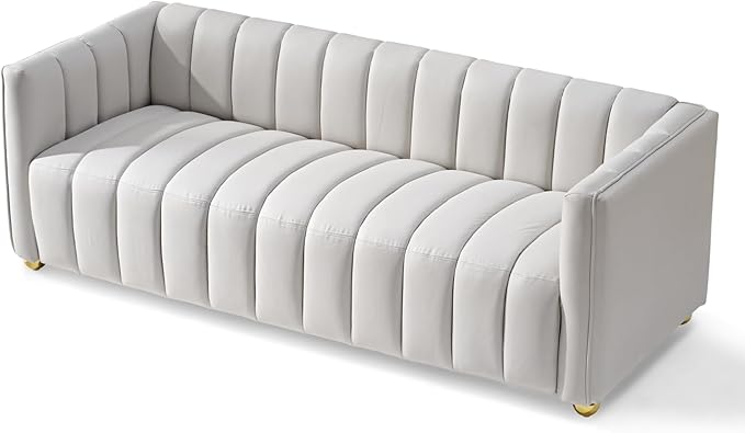 Direct Glam Fabric Upholstered Solid Wood Frame 82.7" Art Deco Sofa for Living Room, Office, Sophisticated 3 Seater Couch, Ivory
