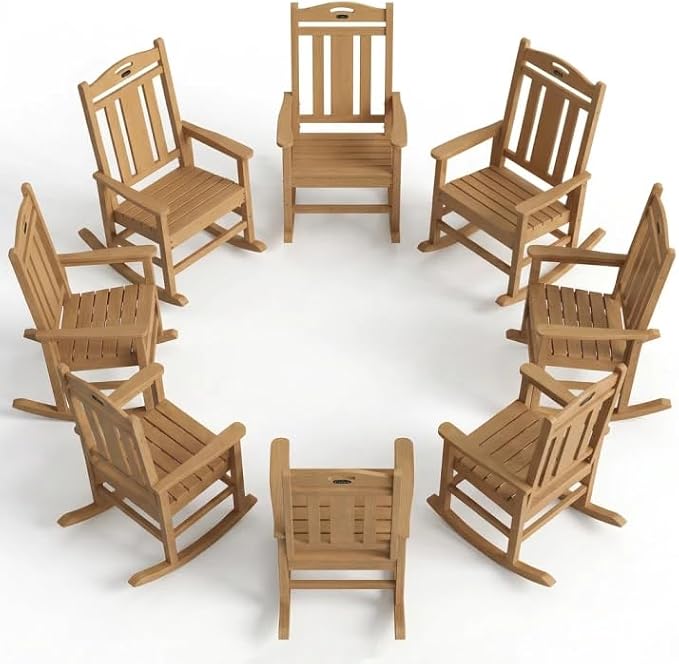 Ciokea Oversized Outdoor Rocking Chairs Set of 8, 380lbs Heavy-Duty Large Patio Rocker, High Back Cozy Porch Chairs, Weather Resistant Patio Rocking Chairs for Outside, Fire Pit, Deck, Teak by CIOKEA