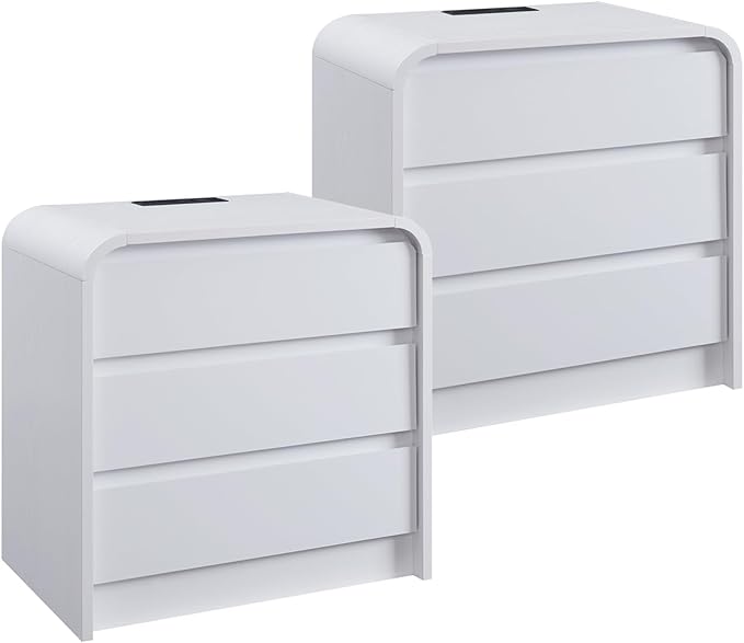 Aitjunz 25" Tall Modern Nightstand Set of 2, 23.6" Wide Wood Bedside Table with Charging Station, 3 Storage Drawers Side Table w/Curved Profile Design, End Table for Bedroom, White by AITJUNZ