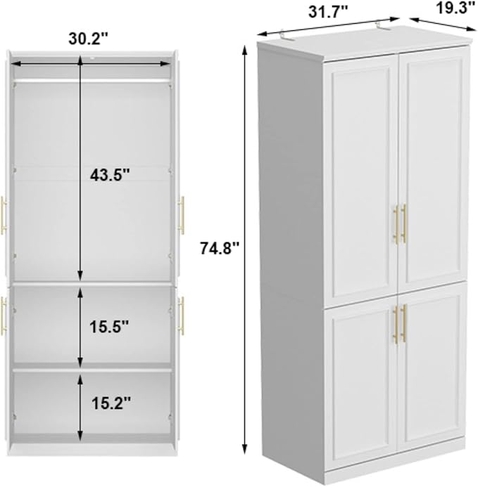 FAMAPY 4 Door Wardrobe with Shelves, Armoire Wardrobe with Hanging Rod, Gold Metal Handles, Closet for Bedroom White (31.7”W x 19.3”D x 74.9”H)