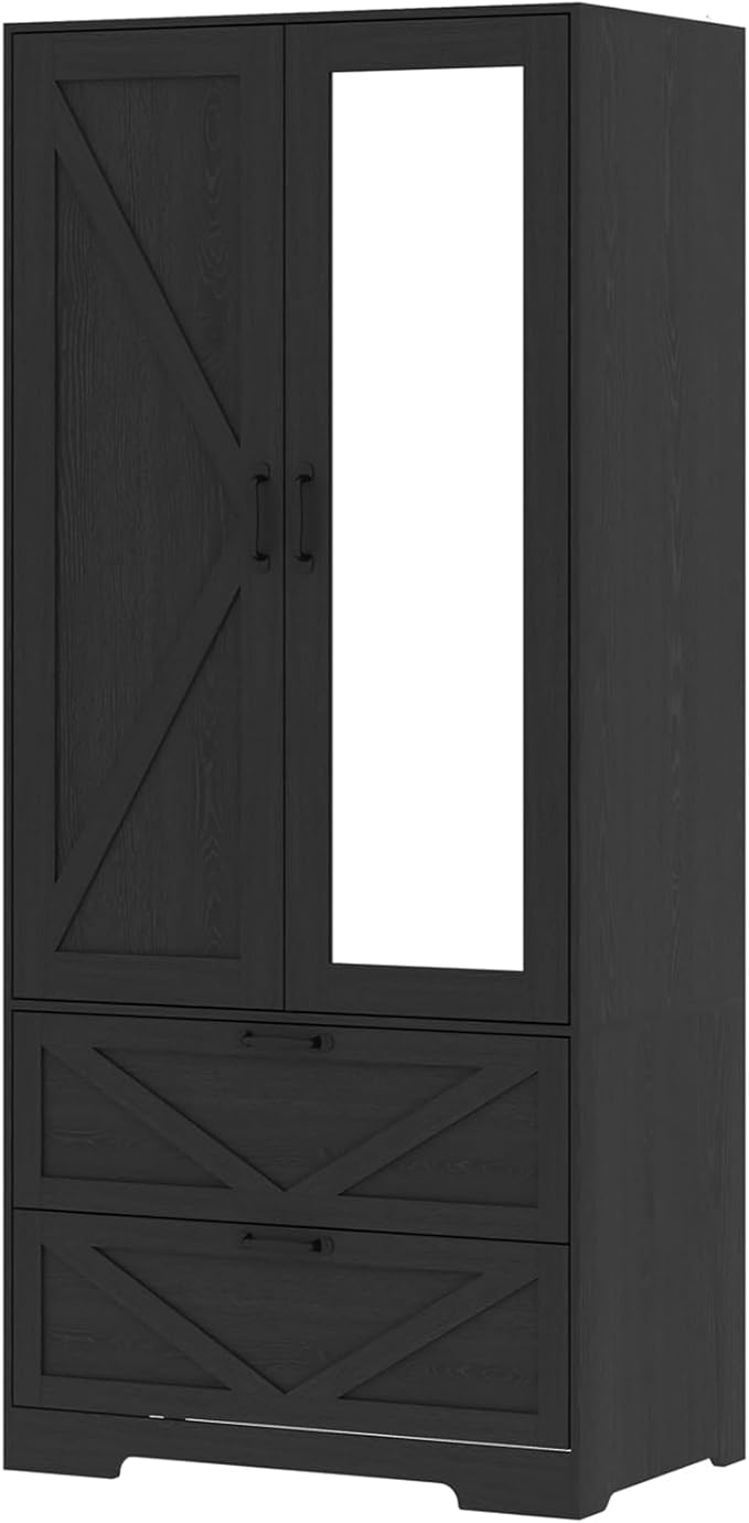 31.5'' Black 2-Door Wardrobe with Mirror, Modern Closet with 2 Drawers, Geometric Design Storage Cabinet for Bedroom