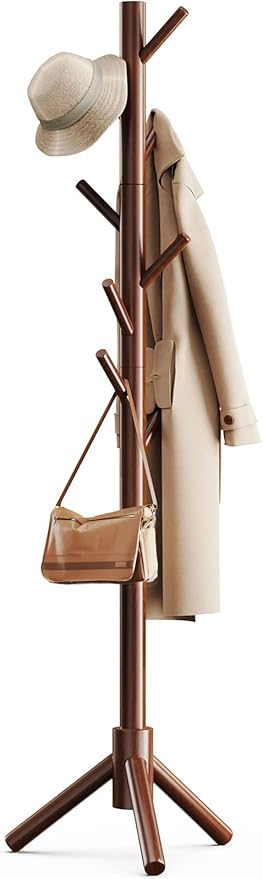 Pipishell Sturdy Wooden Coat Tree with 8 Hooks, 3 Adjustable Sizes for Clothes, Hat Stand Used in Bedroom/Office/Entryway, Brown by Pipishell