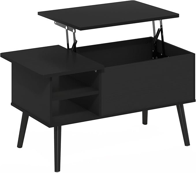Furinno Jensen Wooden Leg Lift Top Coffee Table with Hidden Compartment and Side Open Storage Shelf for Living Room, Americano