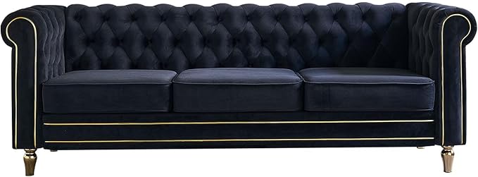 KEIKI 85" Chesterfield Velvet Tufted Button Sofa with Deep Seat Cushions and Rolled Arms, Modern Style 3-Seater Couch Decorated with Gold Strip, Easy Assembly, for Living Room, Bedroom, Office, Black