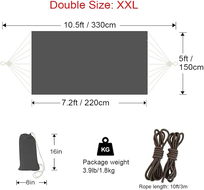 GOCAN Hammock Outdoor 2 People 220x150cm Total Length 330cm Load 300kg Canvas Cotton Hammock for Garden Indoor Children Balcony Dark Gray XXL - Image 2