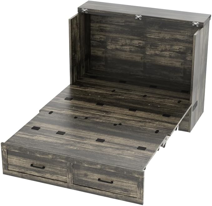 Bellemave Full Size Murphy Bed, Cabinet Bed with Charging Station and 1 Large Storage Drawer, Farmhouse Murphy Cabinet with Foldable Panel, Noisy Free, for Guest Bedroom, Living Room, Rustic Gray