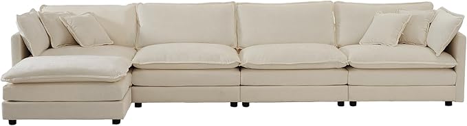 ERYE Shaped Oversized Sectional Sofa Modern Deep Seat Reversible Chaise Sofa&Couch with Movable Ottoman, Modular Sleeper Upholstered Couch for Living Room, Apartment, Studio, Office, 146.5", Beige/L