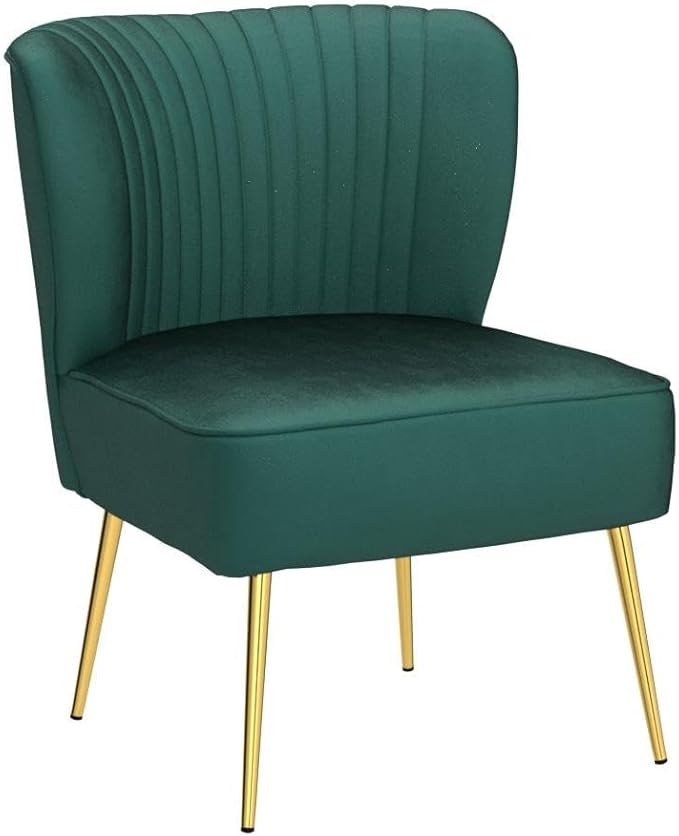 HULALA Home Velvet Accent Chair, Modern Upholstered Cute Side Chair with Gold Metal Legs, Armless Wingback Slipper Chair Comfy Living Room Chair for Bedroom Guest Room Vanity, Green