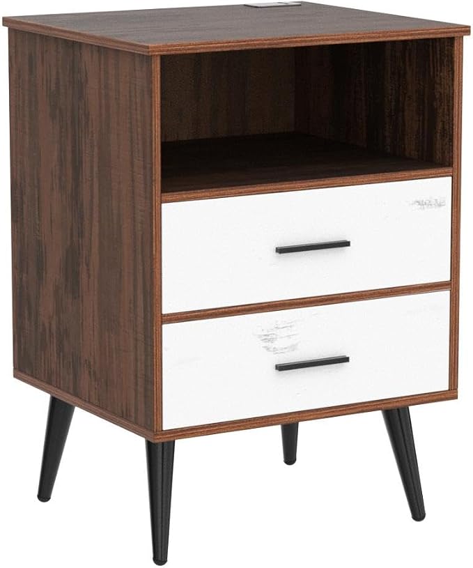 LVSOMT 20'W Fluted Nightstand with Charging Station, LED Night Stand with RFID Lock Hidden Drawer, Mid Century Morden Bedside Table for Bedroom, 2 Drawers and Open Storage Cubby, Natural Oak - Image 5