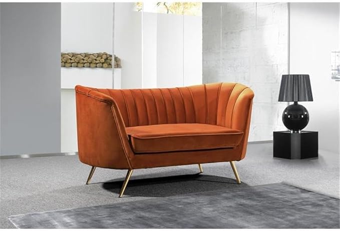 Meridian Furniture Margo Collection Modern | Contemporary Velvet Upholstered Loveseat with Deep Channel Tufting and Rich Gold Stainless Steel Legs, Cognac, 65" W x 30" D x 33" H