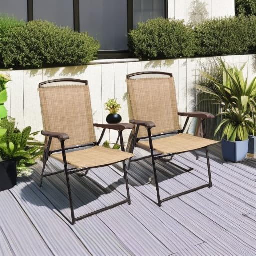 Devoko Patio Folding Chair Deck Sling Chair Camping Garden Pool Beach Using Chairs Space Saving Set of 2 (Beige) - Image 6