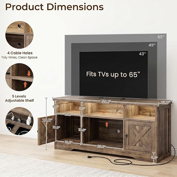 Casaottima TV Stand for 65 Inch TV, Farmhouse Entertainment Center with Power Outlet & LED Light and Storage Cabinets, Console Table and Media Furniture for Living Room Bedroom, Gray Oak - Image 3