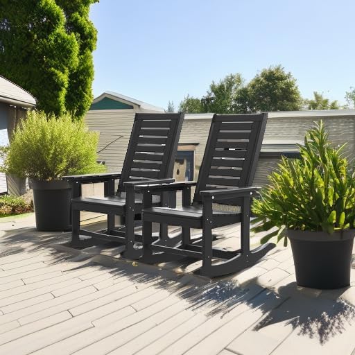 GREENVINES Outdoor Rocking Chairs | Set of 2 | Porch Rocker | HDPE Plastic | Black | Oversized Rockers | High Back | Big & Tall | Ladder Back | for Patio Outside Backyard Balcony - Image 5