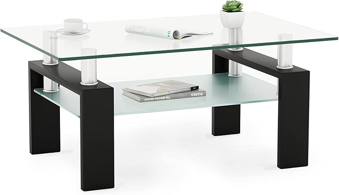 IANIYA Rectangle Glass Coffee Table, Living Room Table with Black Metal Legs & Tempered Glass, Modern Center Table for Bedroom Small Space