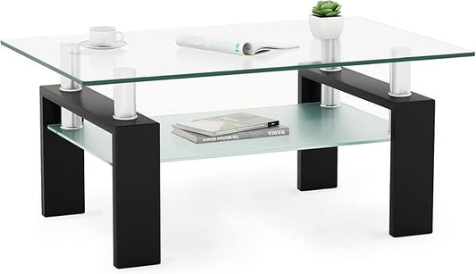 IANIYA Rectangle Glass Coffee Table, Living Room Table with Black Metal Legs & Tempered Glass, Modern Center Table for Bedroom Small Space
