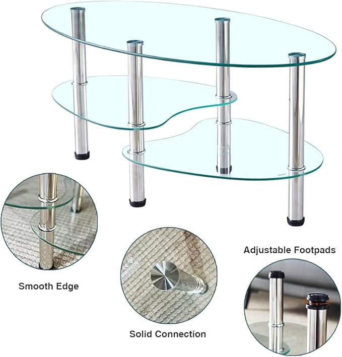 Oval-Shaped Glass Tea Table for Office, 3-Tier Modern Coffee Table, End Table for Living Room (Clear)