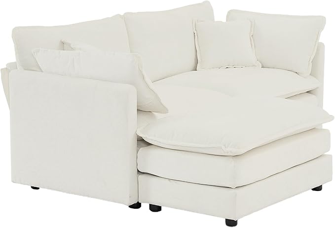 KEIKI Loveseat Sofa, Upholstered 2 Seater Couch with 1 Footrest, Oversized L-Shaped Sectional Sofa with Ottoman for Living Room Bedroom Office, White