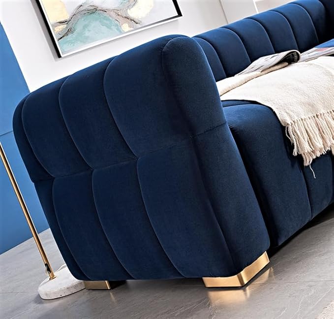 Art Deco Velvet Sofa with Tufted Low Back Design, Sophisticated 3 Seater Couch for Living Rooms, 89 Inch Wide, Easy Assembly, Blue