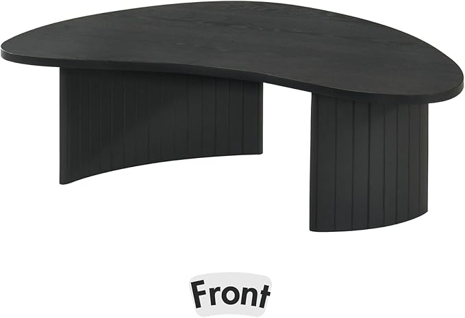Mid Century Modern Black Wood Coffee Table with Fluted Base, Irregular Mango Top Coffee Table, Minimalist Accent Table for Living Room & Small Apartments