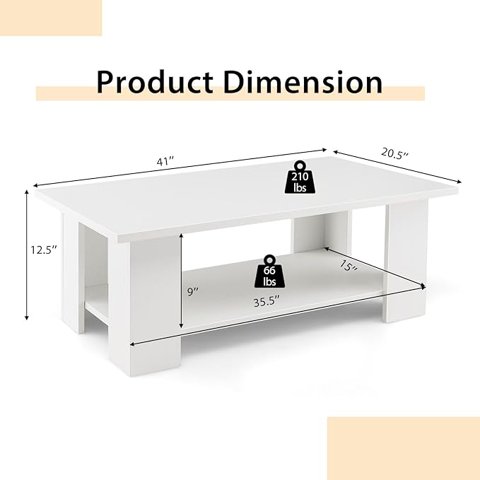 GOFLAME Coffee Table with Storage, Modern Sofa Side Center Table for Small Space, Accent TV Stand for Living Room, Reception Room & Dining Room, Easy Assembly, White