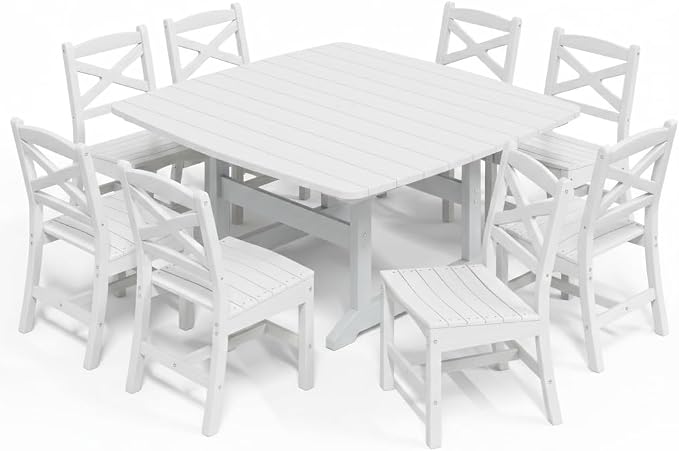 Outdoor Dining Set, HDPE 9-Piece Patio Table and Chairs Set, All-Weather Outdoor Dining Table Set for 8 with Umbrella Hole, Durable Patio Furniture Set with Chairs,White by Unknown