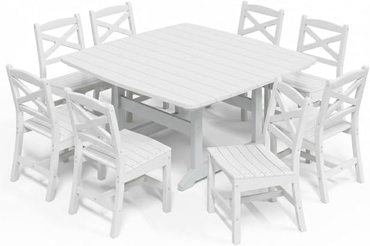 Outdoor Dining Set, HDPE 9-Piece Patio Table and Chairs Set, All-Weather Outdoor Dining Table Set for 8 with Umbrella Hole, Durable Patio Furniture Set with Chairs,White by Unknown