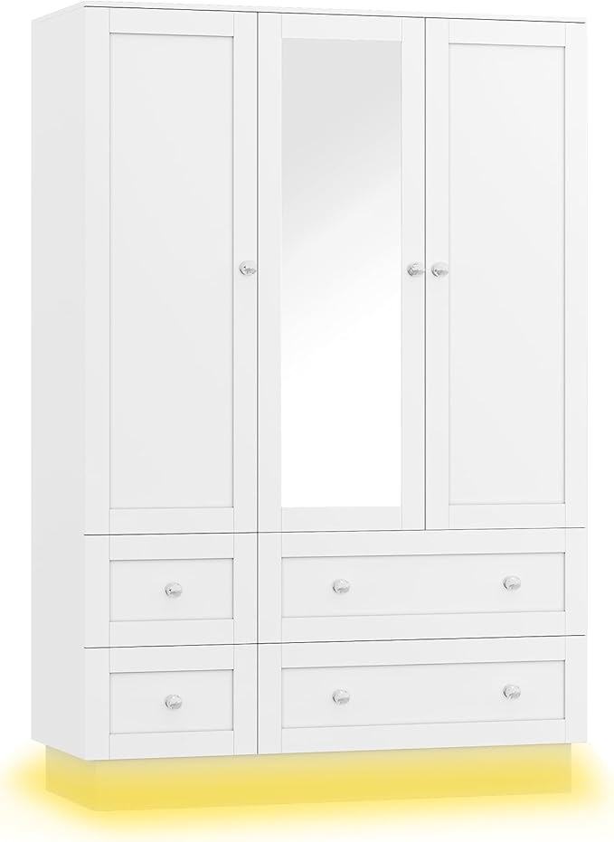 VOWNER Wardrobe Closet with 3 Doors, Bedroom Armoire with Mirror, LED Light, 4 Drawers and Hanging Rod, Large Capacity Storage Closet for Bedroom, White 47" L