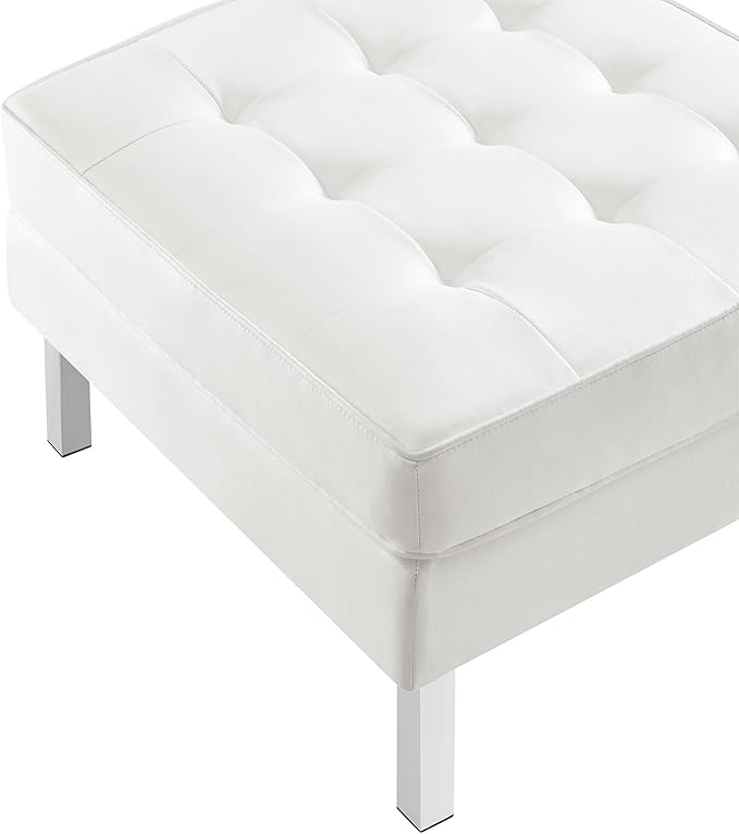Modway Loft Tufted Button Faux Leather Upholstered Square Ottoman in Silver White